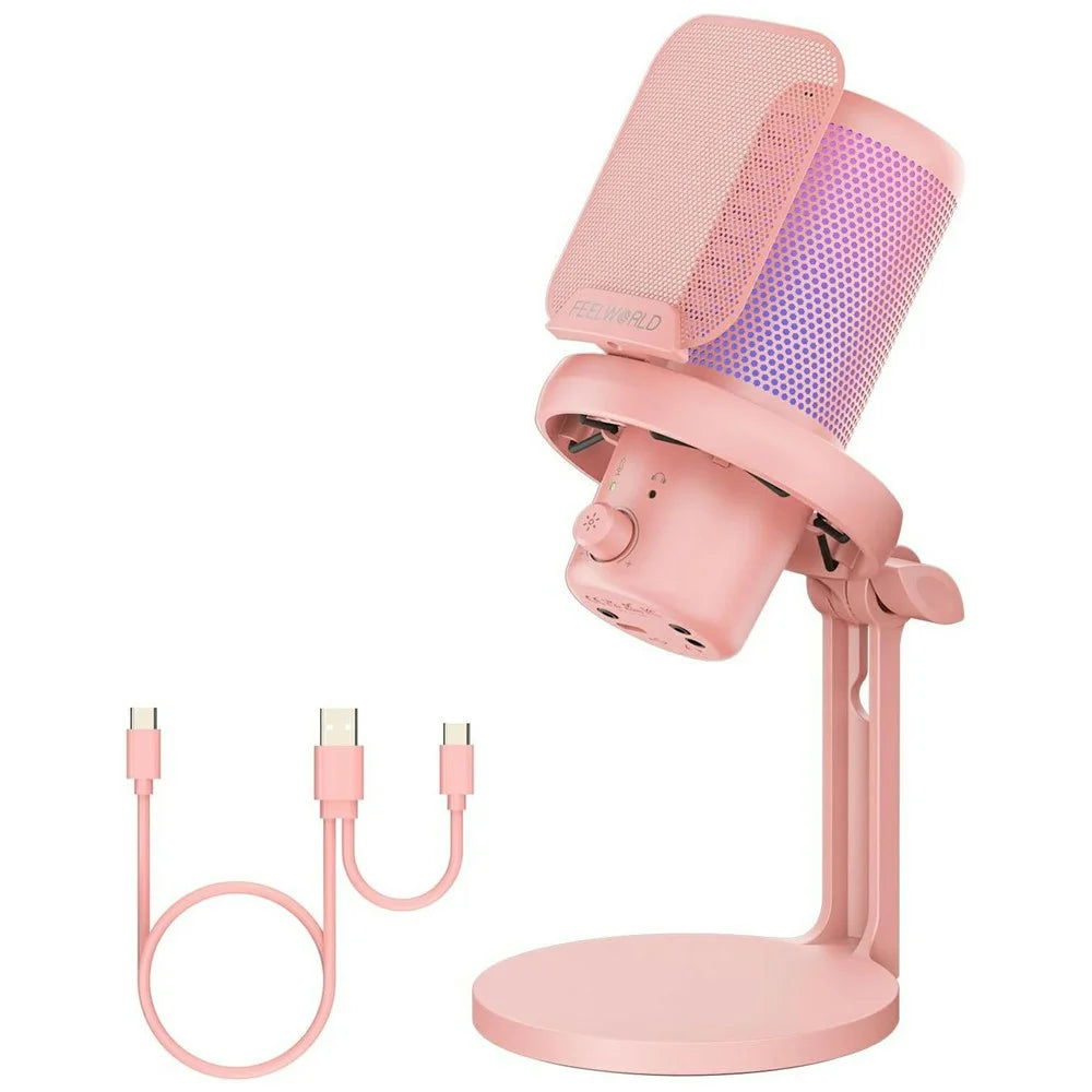 FEELWORLD VM1-XS-P USB Gaming Microphone One Touch Mute / Noise Cancellation RGB Light Cardioid Desktop Stand - Pink - 1