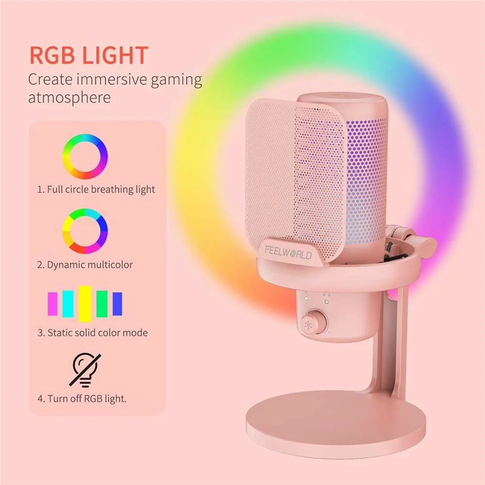 FEELWORLD VM1-XS-P USB Gaming Microphone One Touch Mute / Noise Cancellation RGB Light Cardioid Desktop Stand - Pink - 6