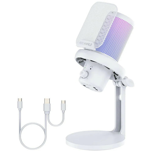 FEELWORLD VM1-XS-W USB Gaming Microphone One Click Noise Cancellation Mute Cardioid RGB Light Desktop Stand - White - 1