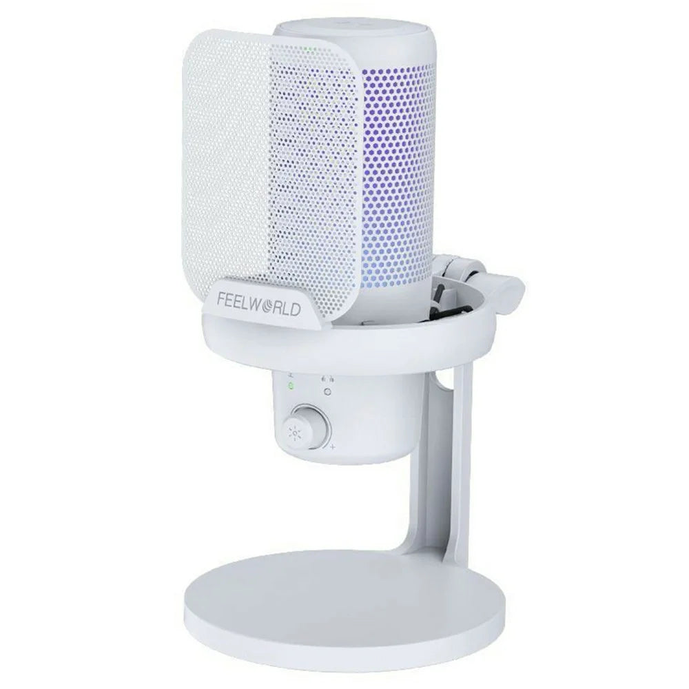FEELWORLD VM1-XS-W USB Gaming Microphone One Click Noise Cancellation Mute Cardioid RGB Light Desktop Stand - White - 2