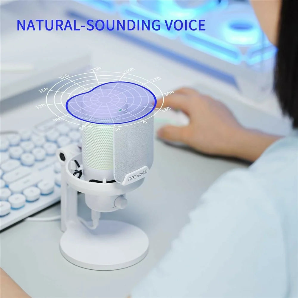 FEELWORLD VM1-XS-W USB Gaming Microphone One Click Noise Cancellation Mute Cardioid RGB Light Desktop Stand - White - 3