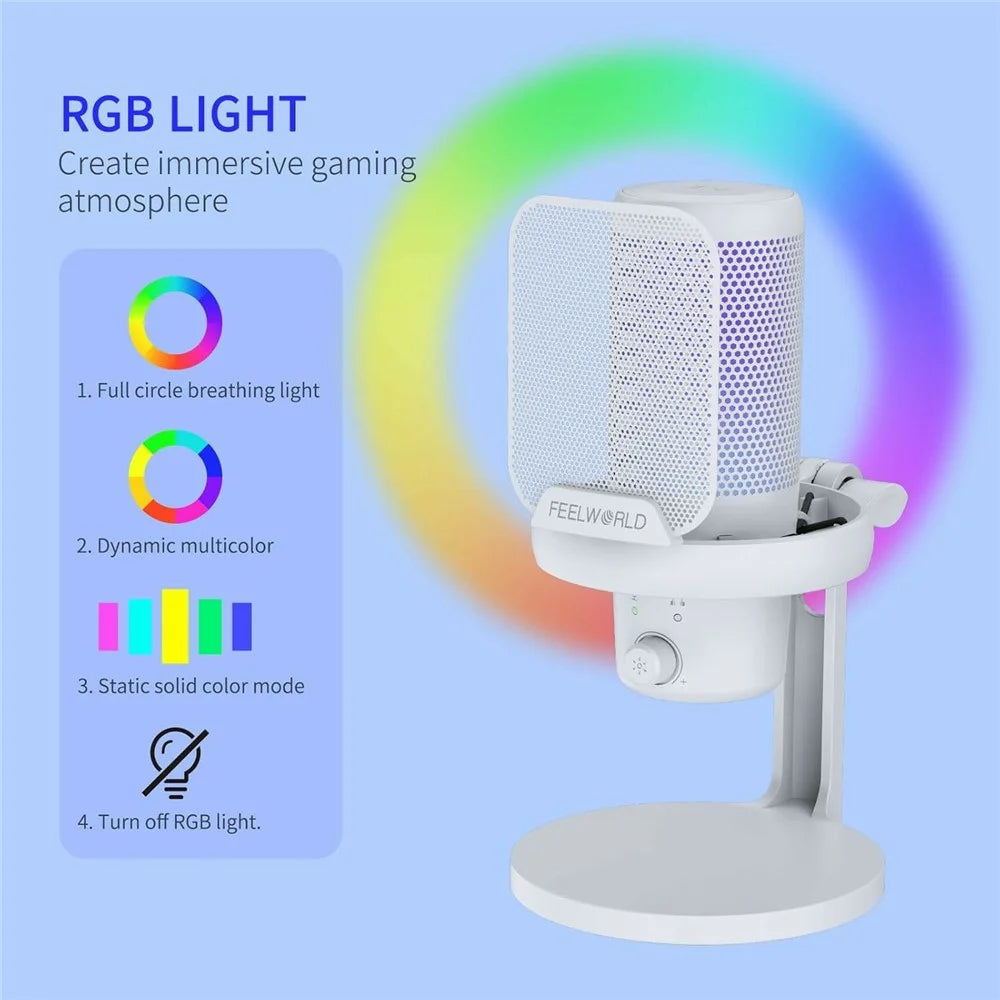 FEELWORLD VM1-XS-W USB Gaming Microphone One Click Noise Cancellation Mute Cardioid RGB Light Desktop Stand - White - 4