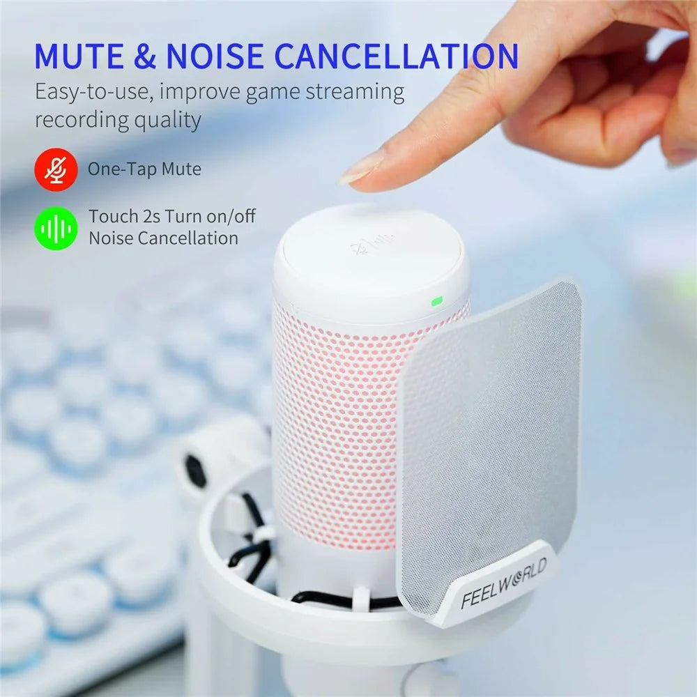 FEELWORLD VM1-XS-W USB Gaming Microphone One Click Noise Cancellation Mute Cardioid RGB Light Desktop Stand - White - 5