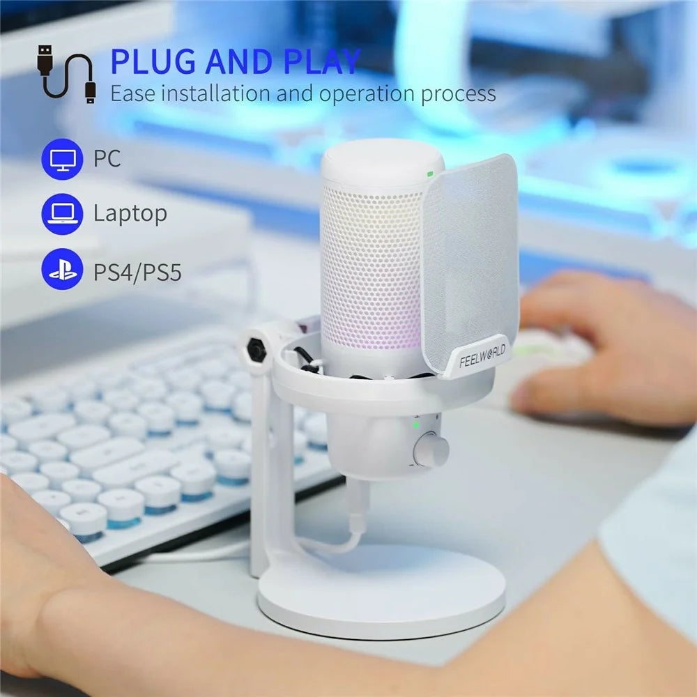 FEELWORLD VM1-XS-W USB Gaming Microphone One Click Noise Cancellation Mute Cardioid RGB Light Desktop Stand - White - 7