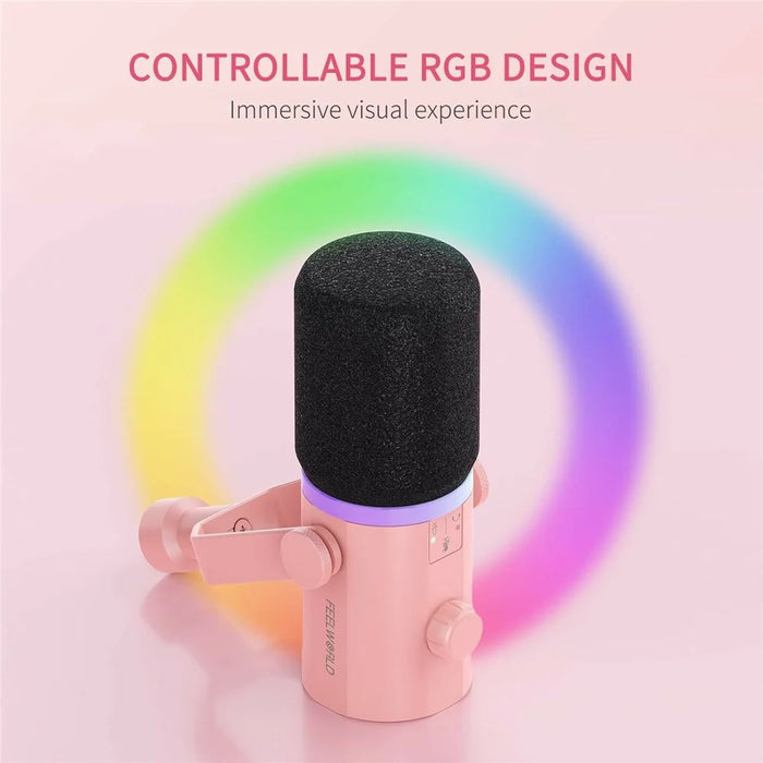 FEELWORLD PM1-P Dynamic Microphone XLR / USB Podcast Gaming Streaming Recording Mic with RGB Lighting - Pink - 4