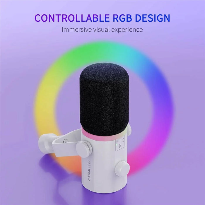 FEELWORLD PM1-W Dynamic Microphone XLR / USB Podcast Gaming Streaming Recording Mic with RGB Lighting - White - 4