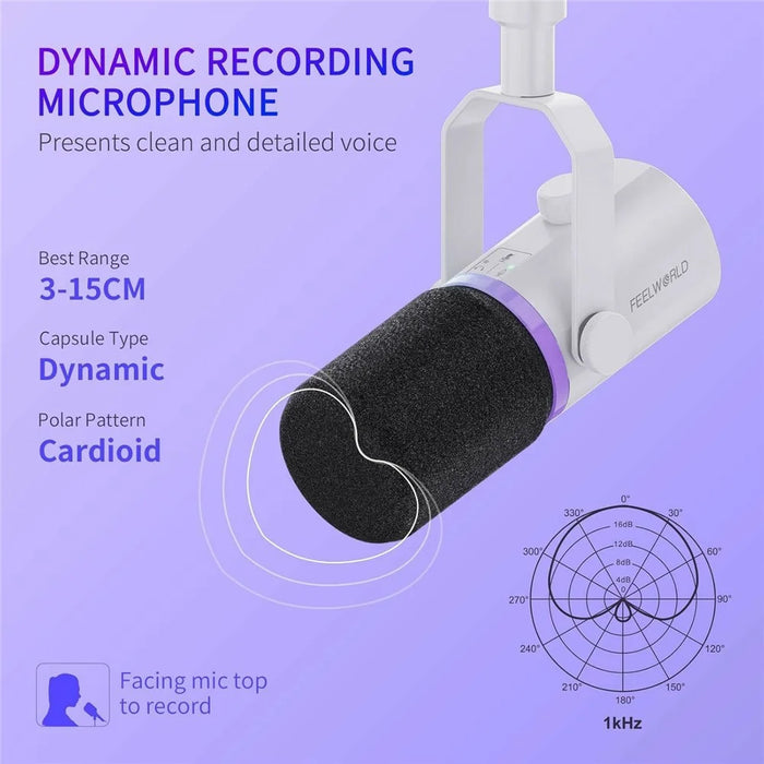 FEELWORLD PM1-W Dynamic Microphone XLR / USB Podcast Gaming Streaming Recording Mic with RGB Lighting - White - 7