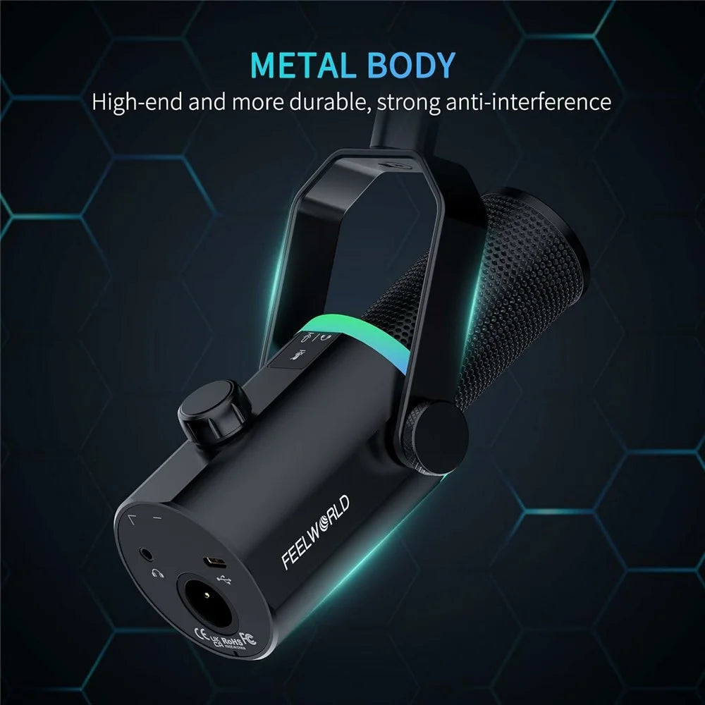 FEELWORLD PM1-XS Dynamic Microphone with Stand XLR  /  USB Dual Output Desktop Mic for Recording  /  Gaming  /  Streaming - Black - 3