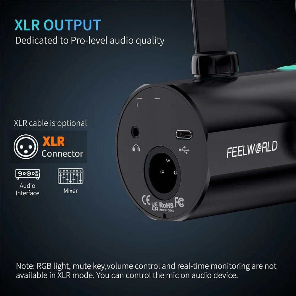 FEELWORLD PM1-XS Dynamic Microphone with Stand XLR  /  USB Dual Output Desktop Mic for Recording  /  Gaming  /  Streaming - Black - 4
