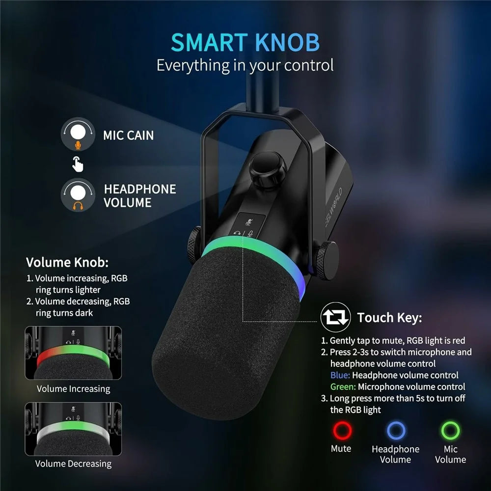 FEELWORLD PM1-XS Dynamic Microphone with Stand XLR  /  USB Dual Output Desktop Mic for Recording  /  Gaming  /  Streaming - Black - 6