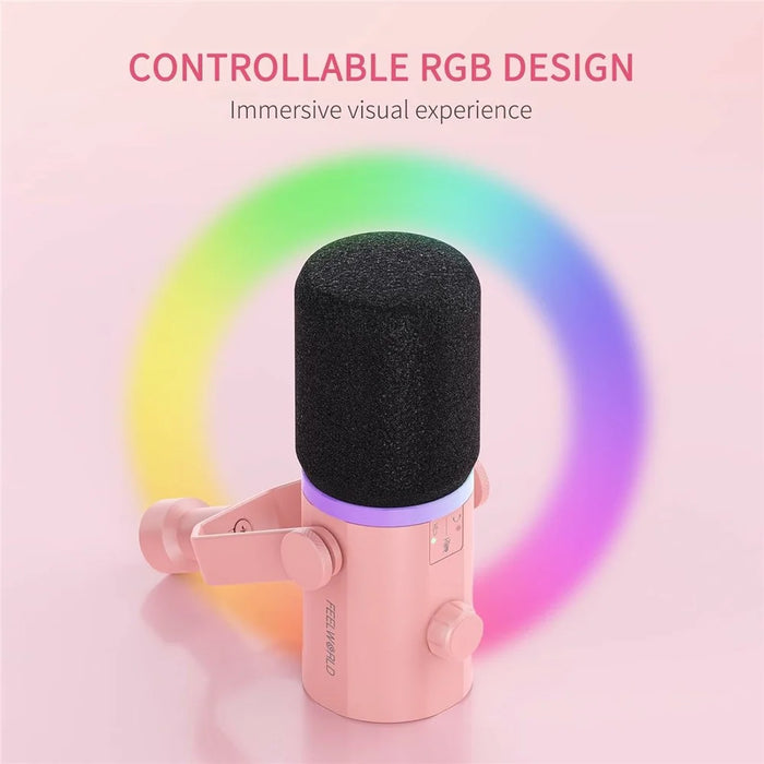 FEELWORLD PM1-XS-P RGB Lighting Dynamic Microphone XLR  /  USB Dual Output Desktop Mic with 3.5mm Headphone Jack - Pink - 3