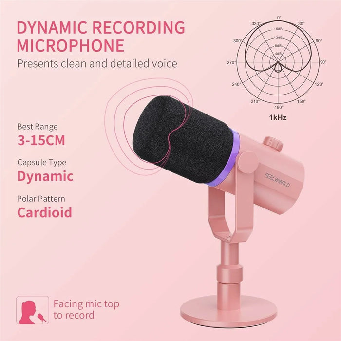 FEELWORLD PM1-XS-P RGB Lighting Dynamic Microphone XLR  /  USB Dual Output Desktop Mic with 3.5mm Headphone Jack - Pink - 5