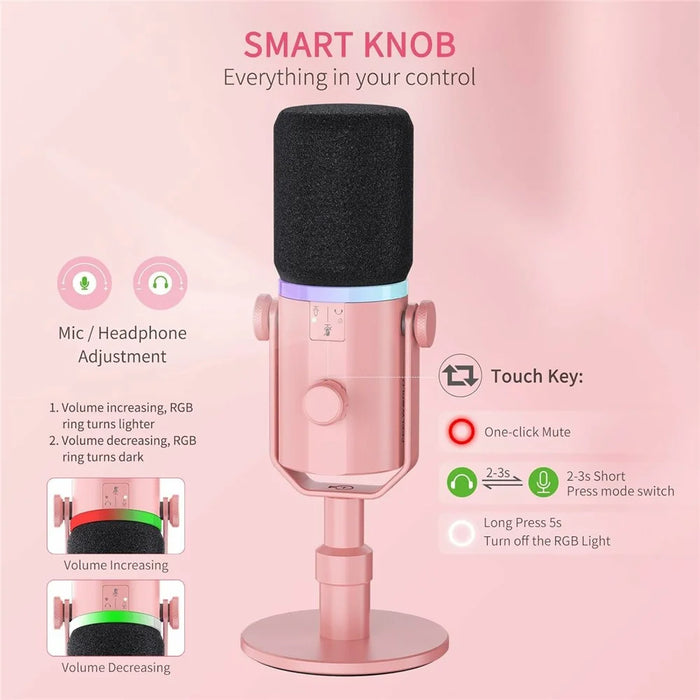 FEELWORLD PM1-XS-P RGB Lighting Dynamic Microphone XLR  /  USB Dual Output Desktop Mic with 3.5mm Headphone Jack - Pink - 6