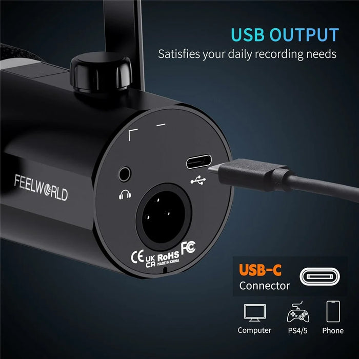 FEELWORLD PM1-AS Dynamic Microphone with Boom Arm Stand XLR / USB Dual Output for Podcast Recording / Gaming / Live Streaming - Black - 3