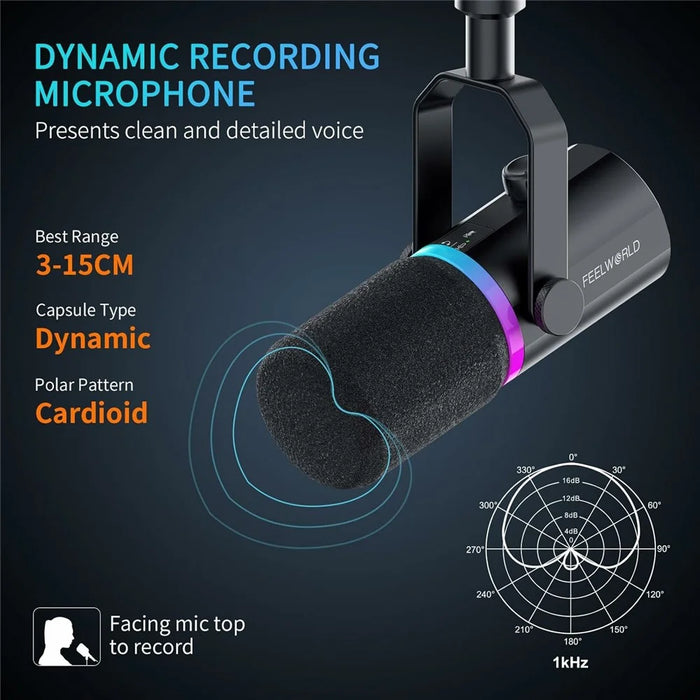 FEELWORLD PM1-AS Dynamic Microphone with Boom Arm Stand XLR / USB Dual Output for Podcast Recording / Gaming / Live Streaming - Black - 5