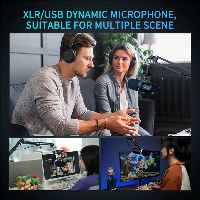 FEELWORLD PM1-AS Dynamic Microphone with Boom Arm Stand XLR / USB Dual Output for Podcast Recording / Gaming / Live Streaming - Black - 7