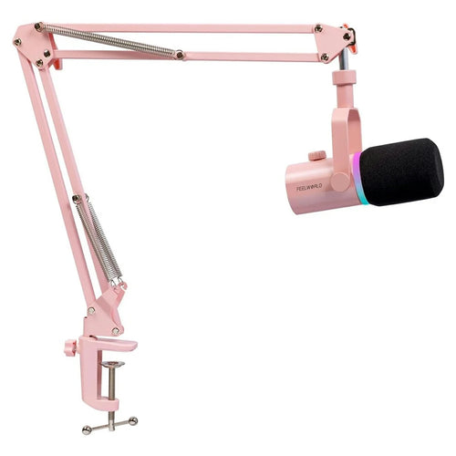 FEELWORLD PM1-AS-P Dynamic Microphone with Boom Arm Stand XLR / USB Dual Output for Podcast Recording / Gaming / Live Streaming - Pink - 1