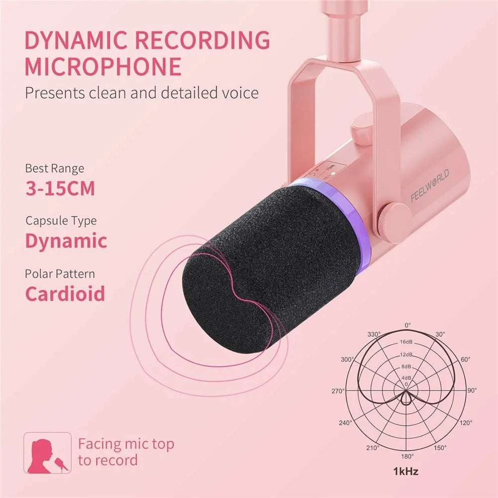 FEELWORLD PM1-AS-P Dynamic Microphone with Boom Arm Stand XLR / USB Dual Output for Podcast Recording / Gaming / Live Streaming - Pink - 5