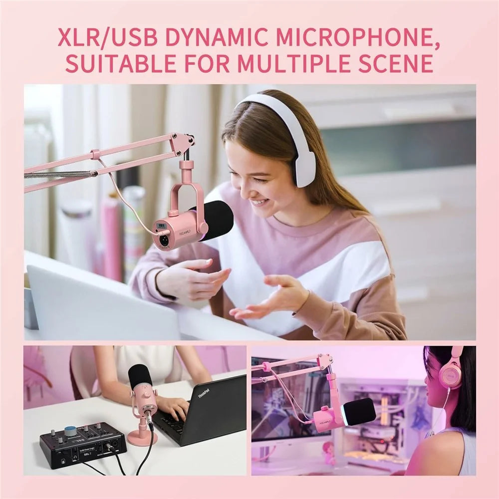 FEELWORLD PM1-AS-P Dynamic Microphone with Boom Arm Stand XLR / USB Dual Output for Podcast Recording / Gaming / Live Streaming - Pink - 7