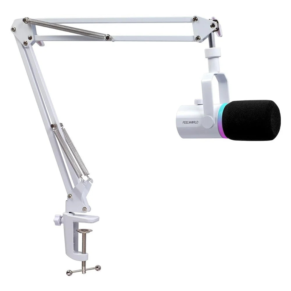FEELWORLD PM1-AS-W Dynamic Microphone with Boom Arm Stand XLR / USB Dual Output for Podcast Recording / Gaming / Live Streaming - White - 1