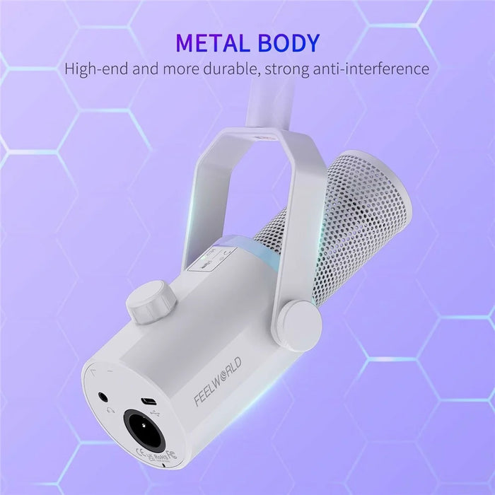 FEELWORLD PM1-AS-W Dynamic Microphone with Boom Arm Stand XLR / USB Dual Output for Podcast Recording / Gaming / Live Streaming - White - 4