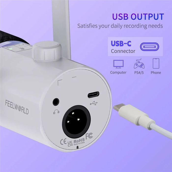 FEELWORLD PM1-AS-W Dynamic Microphone with Boom Arm Stand XLR / USB Dual Output for Podcast Recording / Gaming / Live Streaming - White - 5