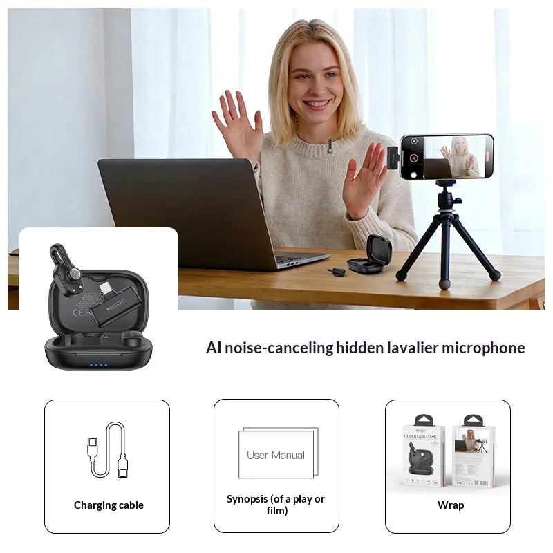 YESIDO KR25 Type-C Plug Hidden Wireless Lavalier Microphone AI Noise Cancelling Lapel Mic, 2 Mic + 1 Receiver - Black - 2