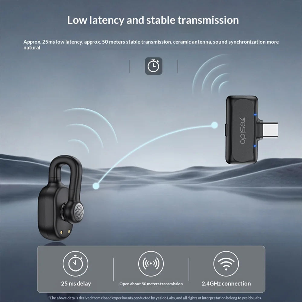 YESIDO KR25 Type-C Plug Hidden Wireless Lavalier Microphone AI Noise Cancelling Lapel Mic, 2 Mic + 1 Receiver - Black - 7