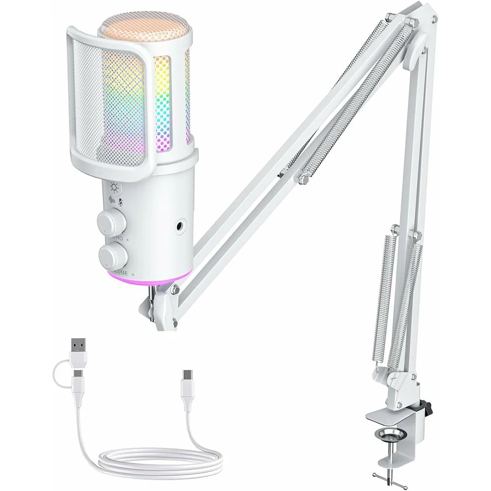 ONIKUMA M530 USB Condenser Microphone RGB Gaming Mic with Noise Reduction for Streaming - White - 1