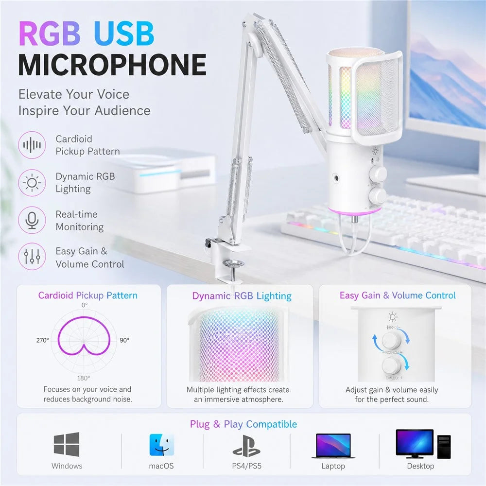 ONIKUMA M530 USB Condenser Microphone RGB Gaming Mic with Noise Reduction for Streaming - White - 4