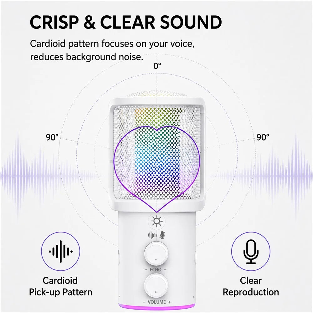 ONIKUMA M530 USB Condenser Microphone RGB Gaming Mic with Noise Reduction for Streaming - White - 5