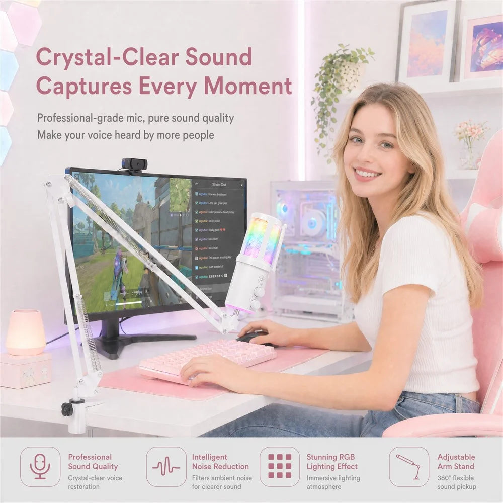 ONIKUMA M530 USB Condenser Microphone RGB Gaming Mic with Noise Reduction for Streaming - White - 6