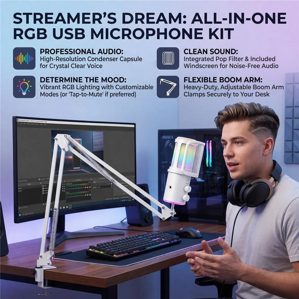 ONIKUMA M530 USB Condenser Microphone RGB Gaming Mic with Noise Reduction for Streaming - White - 7