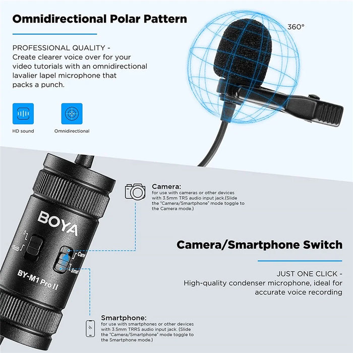 BOYA BY-M1 Pro II Clip-on Microphone Omni-directional Condenser Mic 3.5mm TRRS Plug with 6m Cable for Smartphone Camera Camcorder - 5