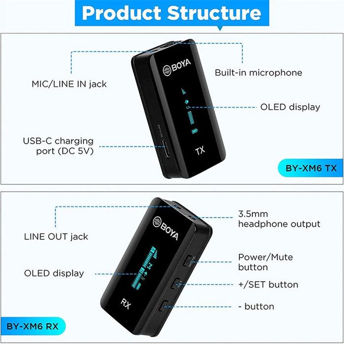 BOYA BY-XM6-K1 Mini Wireless Lavalier Microphone Video Recording Lapel Clip Mic with Charging Case - 6