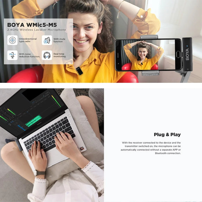BOYA WMic5-M5 Video Recording Wireless Microphone Lapel Clip Mic, 1 Transmitter + 1 USB-C Receiver - 6