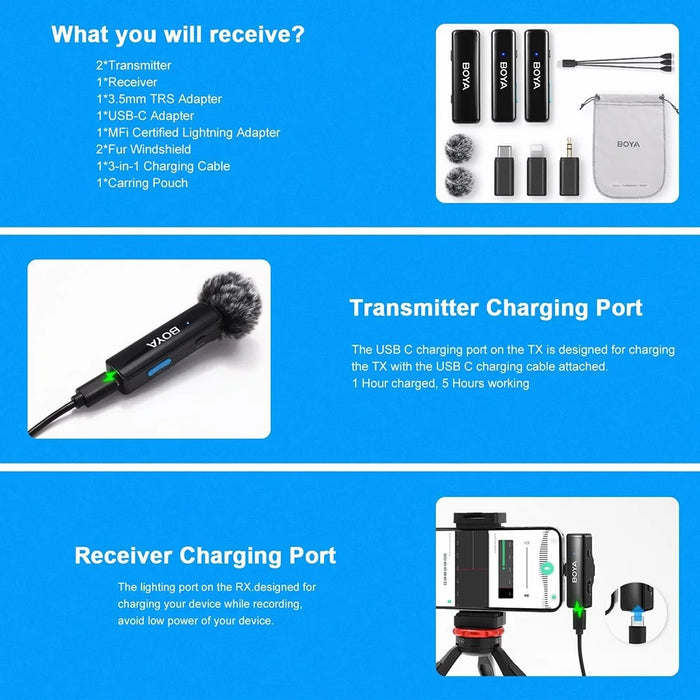BOYA BOYALINK A2 For iPhone / Android / Camera Vlogging Wireless Lavalier Microphone (2 TX+1 RX) 100m Range - 6