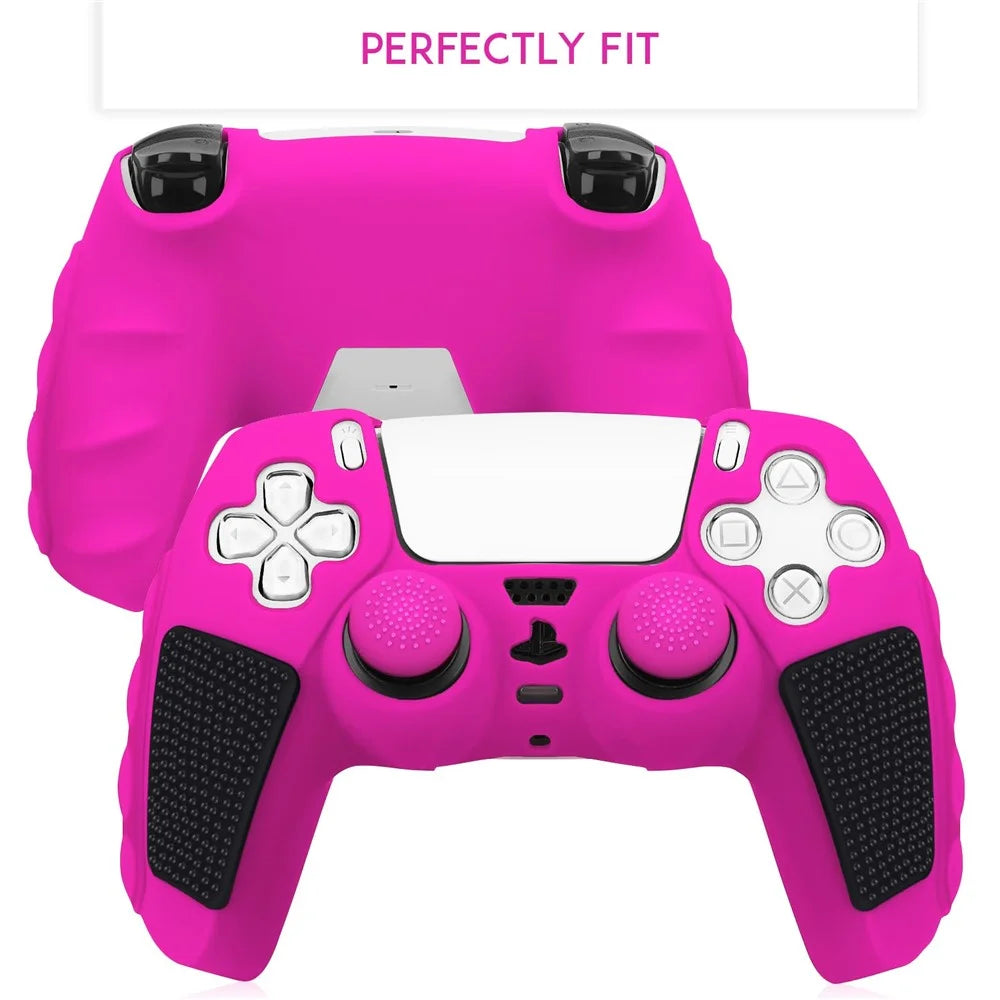 For Sony PlayStation 5 Controller Silicone Case with 8 Joy-Pad Caps Color Matching Protective Cover - Rose - 2