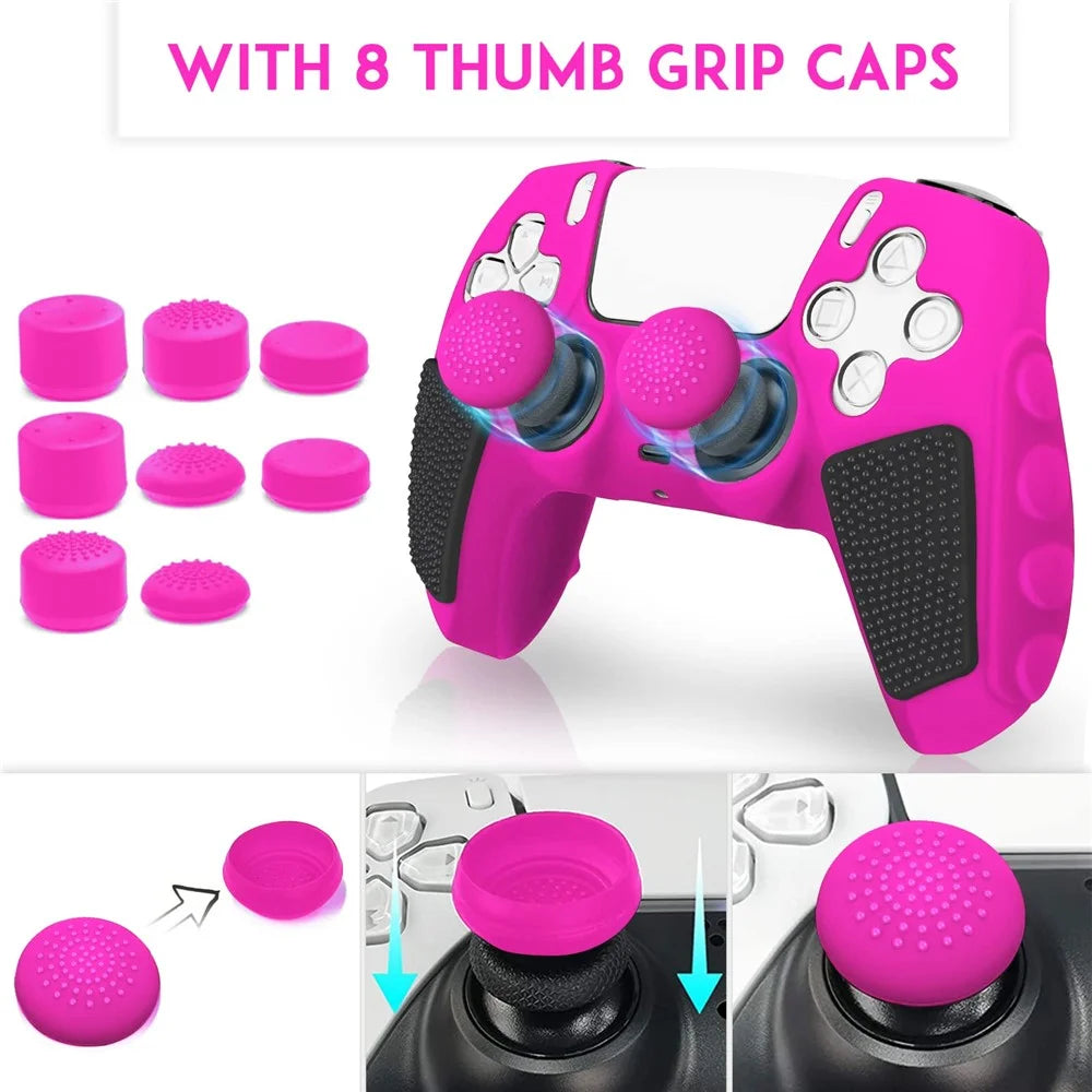 For Sony PlayStation 5 Controller Silicone Case with 8 Joy-Pad Caps Color Matching Protective Cover - Rose - 7