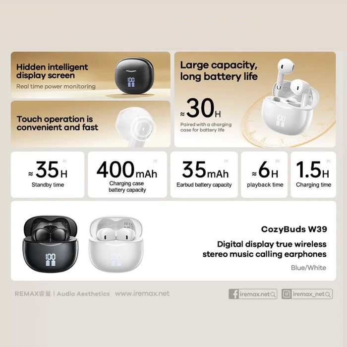 REMAX Cozybuds W39 TWS Earphones Digital Display Wireless Bluetooth-compatible 5.4 Stereo Earbuds with Charging Case - White - 3