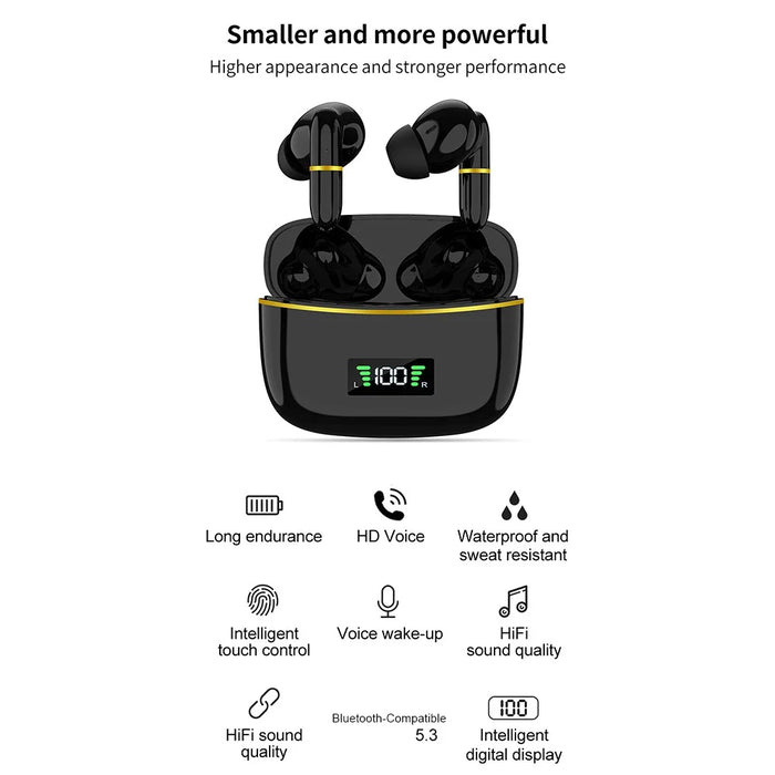 J2 Bluetooth-compatible 5.3 Wireless Earbuds Touch Control LED Display Earphone with Charging Case - Black - 2
