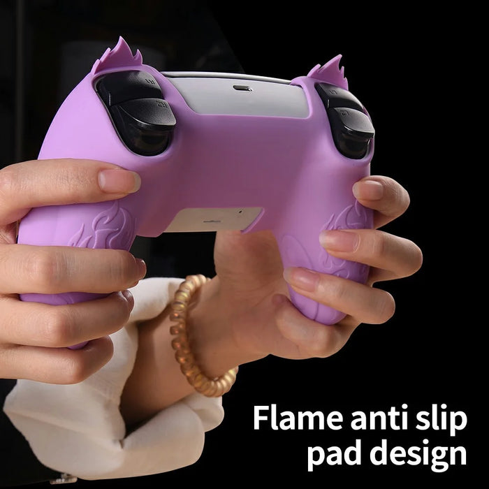 For Sony PlayStation 5 Controller Silicone Case Flame Design Shock Absorbing Grip Protective Cover - Blue - 5