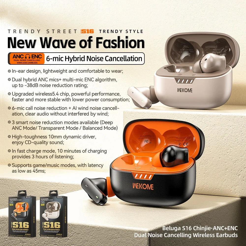 WEKOME Beluga S16 Bluetooth-compatible Earbuds ANC ENC Dual Noise Cancellation Wireless Headphones - Black  /  Orange - 6