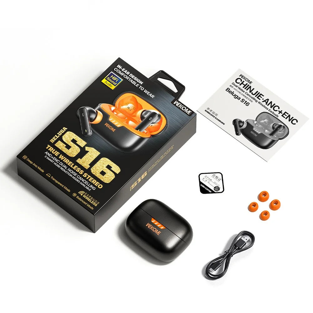 WEKOME Beluga S16 Bluetooth-compatible Earbuds ANC ENC Dual Noise Cancellation Wireless Headphones - Black  /  Orange - 7
