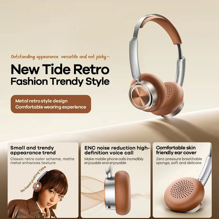 REMAX RB-830HB Wireless Headphones Retro Portable On-Ear Bluetooth-compatible Headset with ENC Noise Cancellation - Brown - 2