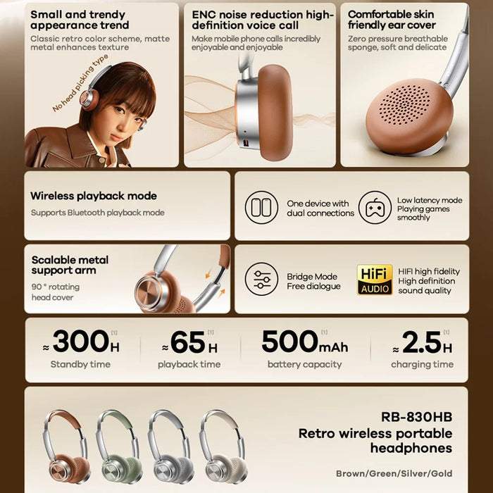 REMAX RB-830HB Wireless Headphones Retro Portable On-Ear Bluetooth-compatible Headset with ENC Noise Cancellation - Brown - 3
