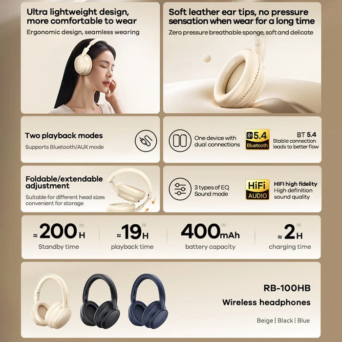 REMAX RB-100HB Wireless Headphones Bluetooth-Compatible Over-Ear Foldable Headset - Beige - 3