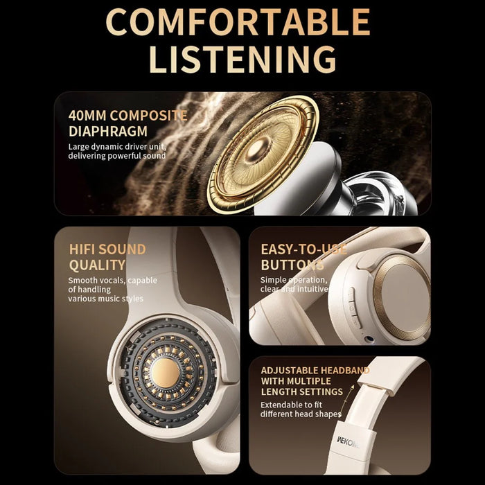 WEKOME WM-12 Over Ear Bluetooth-Compatible Headphones Wireless 40mm Drivers Hi-Fi Sound Headset - Beige - 6