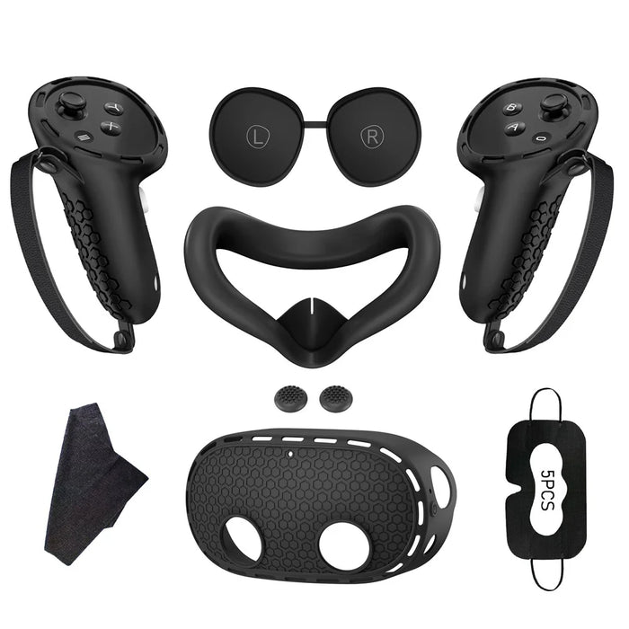 For Meta Quest 3S Silicone Accessory Set with VR Headset Cover  /  Controller Grips  /  Face Mask - Black - 1