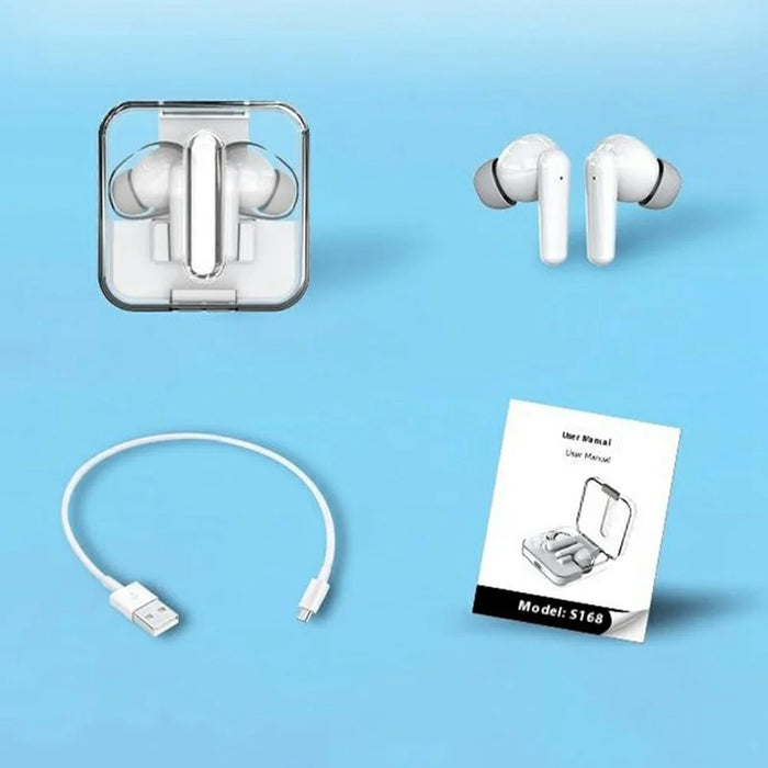 S168 Wireless Bluetooth-Compatible Earphones Touch Control Music Headset with Clear Charging Case - White - 7